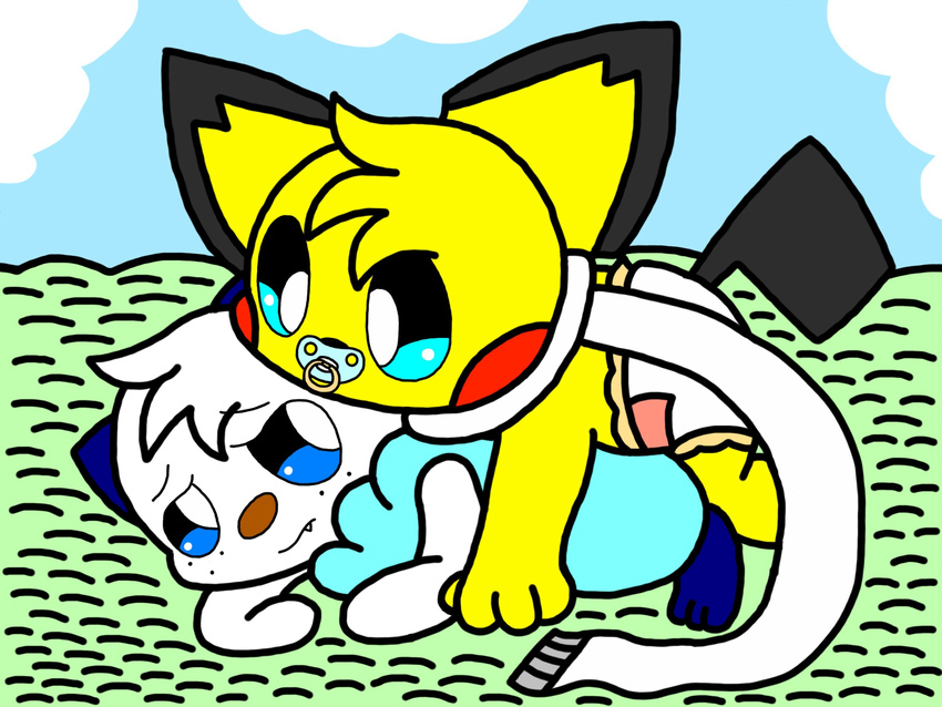 climbing_on cute diaper laying_on male nintendo oshawott outside pacifier pichu pok&#233;mon pok&eacute;mon scarf video_games young