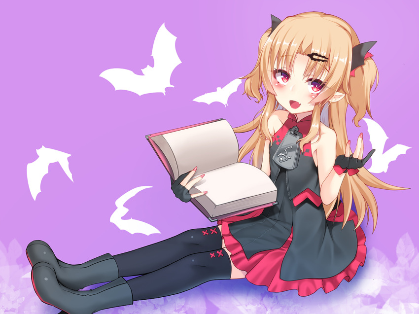 akatsuki_yuni animal bat blonde_hair book boots dress fang gloves long_hair okuri_banto pointed_ears purple red_eyes thighhighs twintails uni_channel vampire