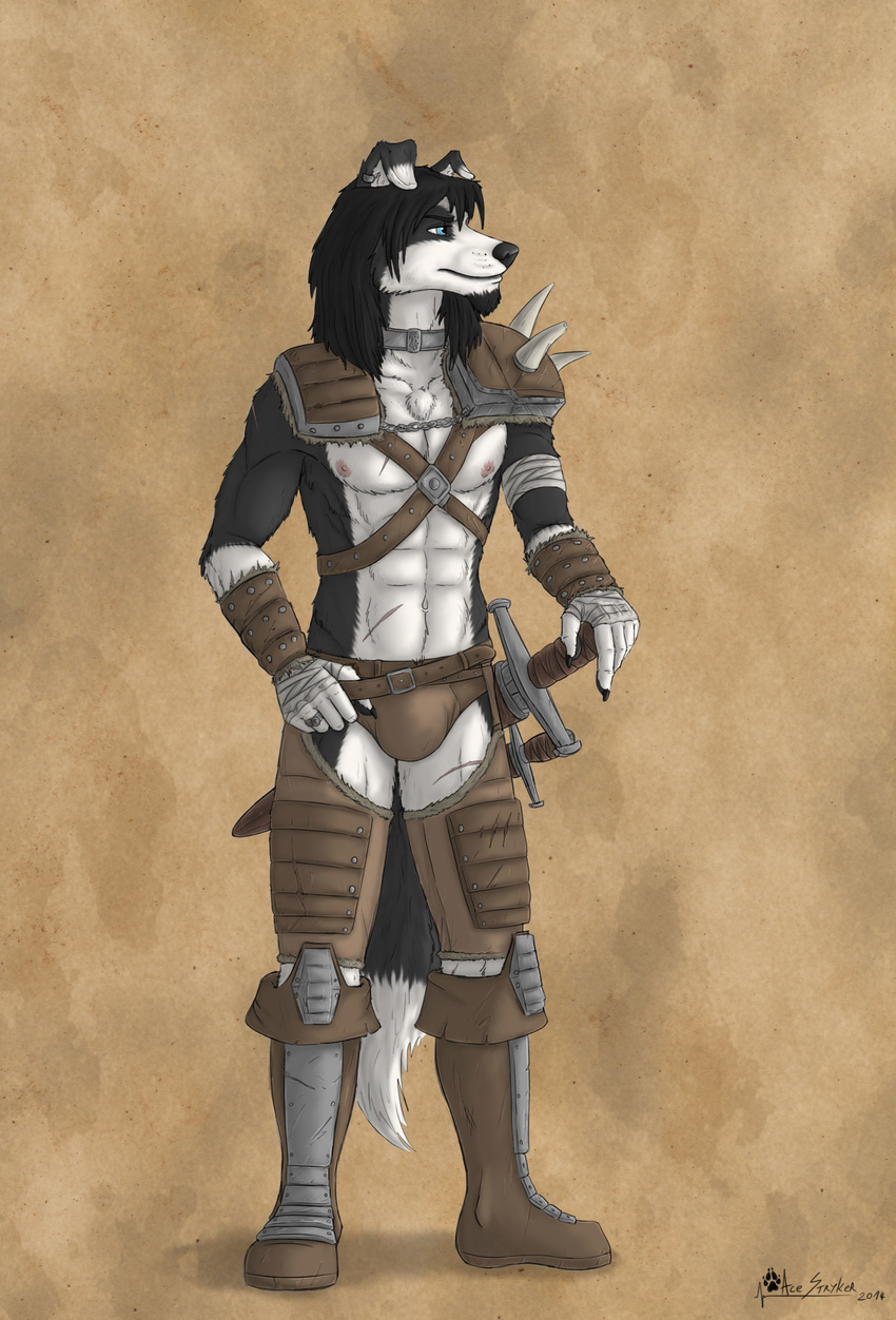 abs ace_stryker anthro armor biceps black_hair blue_eyes border_collie canine choker claws clothing collar dagger dog ear_piercing facial_hair fantasy fur gladiator hair leather long_hair male mammal medieval muscles nipples pecs piercing pose scar slave_collar solo standing sword toned warrior weapon
