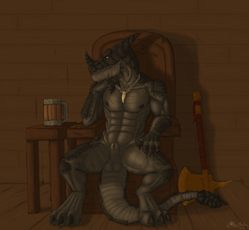 abs ace_stryker alcohol anthro axe balls beer beverage biceps chair claws cup dragon fantasy horn looking_at_viewer male mammal medieval muscles nipples nude pecs pose scalie scar sheath sitting solo tavern warrior weapon yellow_eyes