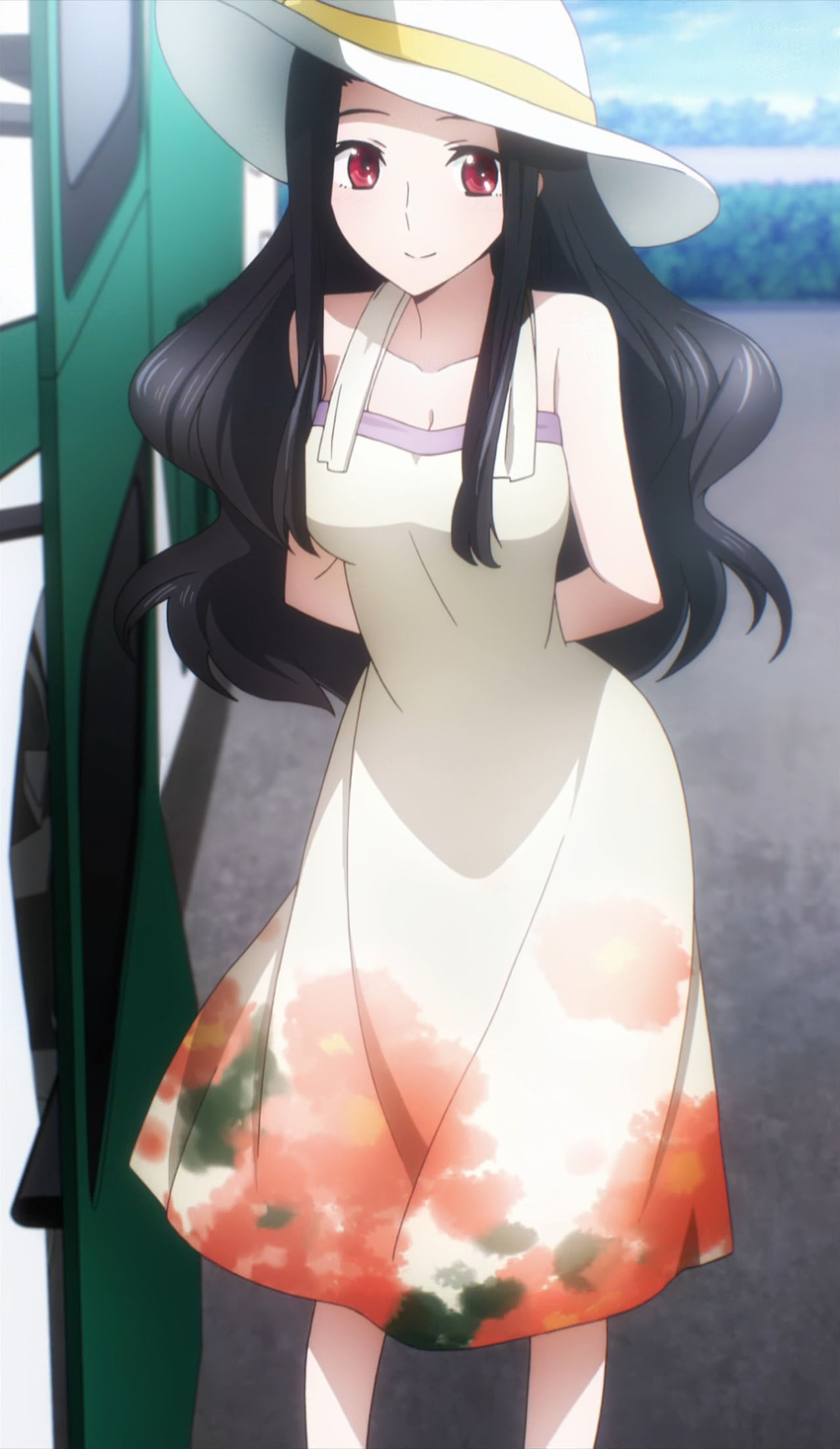 black_hair hat long_hair mahouka_koukou_no_rettousei red_eyes saegusa_mayumi screencap