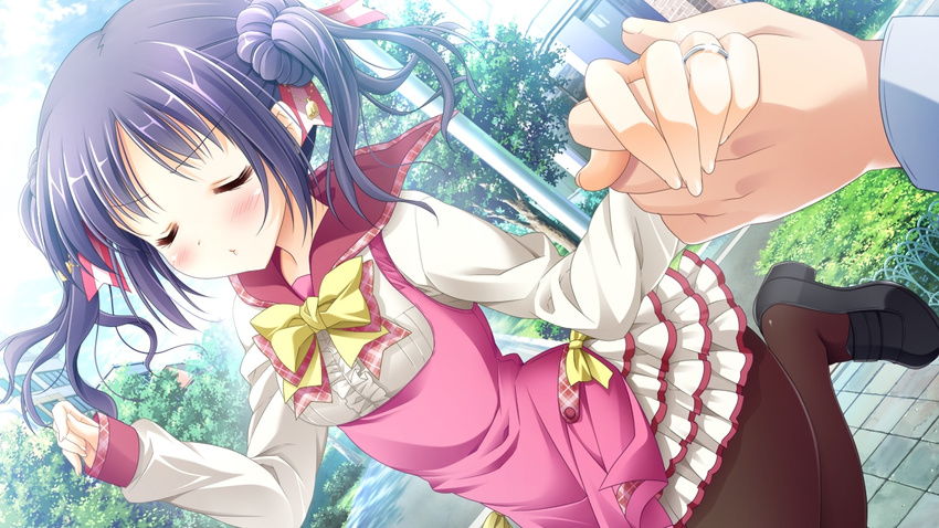1girl 3-nin_iru! bell blush eyes_closed game_cg nakase_nagisa purple_hair ribbon smile suzui_narumi