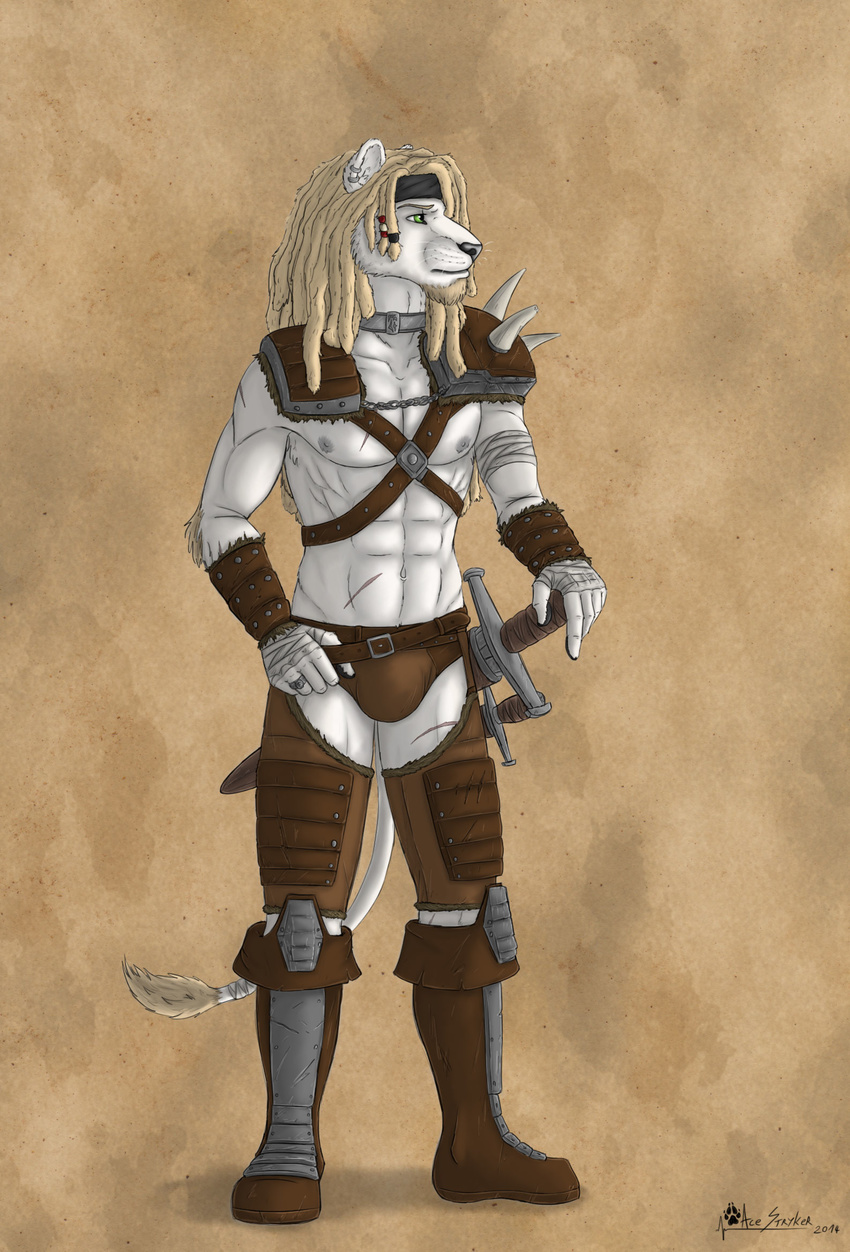 abs ace_stryker anthro armor beads biceps blonde_hair choker clothed clothing dagger dreadlocks ear_piercing facial_hair fantasy feline fur gladiator green_eyes hair leather lion male mammal medieval muscles nipples pecs piercing pose scar slave_collar solo standing sword toned warrior weapon white_lion