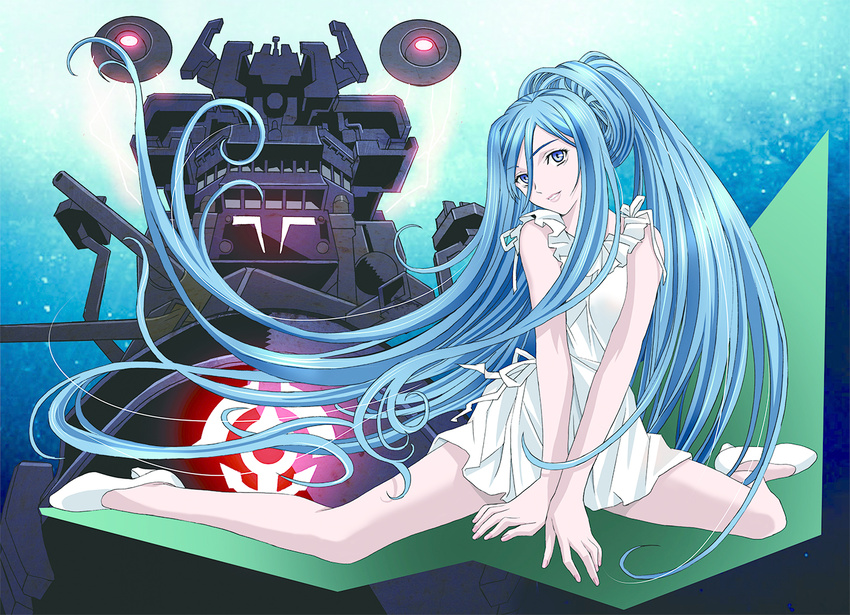 absurdly_long_hair aoki_hagane_no_arpeggio blue_eyes blue_hair dress kawarajima_kou long_hair personification ponytail ship smile solo takao_(aoki_hagane_no_arpeggio) very_long_hair watercraft