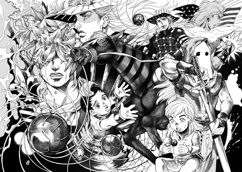 ball bud_(korovsme) greyscale gyro_zeppeli hat horse jojo_no_kimyou_na_bouken marco_(sbr) mask millipen_(medium) monochrome multiple_boys multiple_persona steel_ball_run sword tears traditional_media weapon