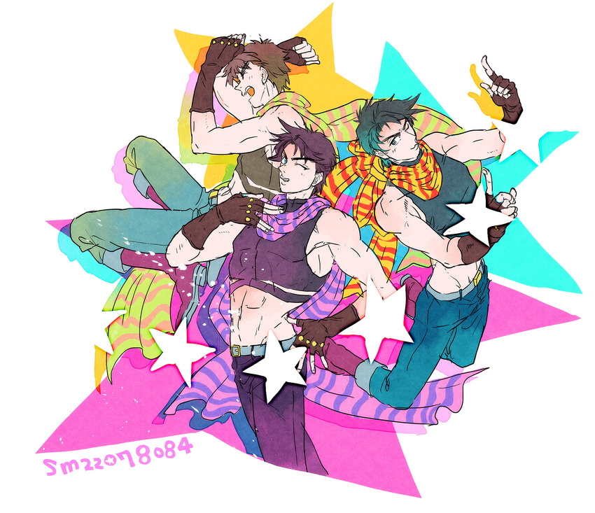 blue_hair brown_hair highres jojo_no_kimyou_na_bouken joseph_joestar_(young) male_focus midriff momijimanjuu multiple_boys multiple_persona palette_swap purple_hair scarf star