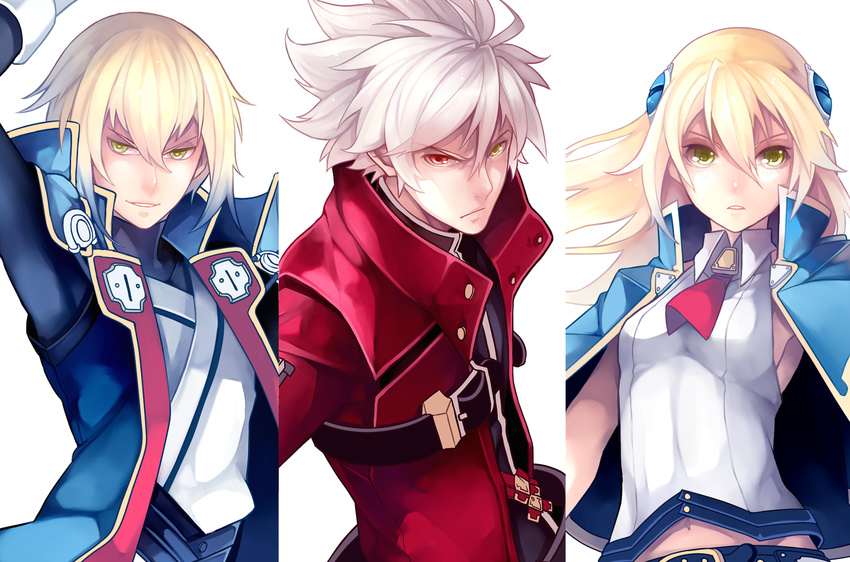 2boys bad_id bad_pixiv_id belly_peek belt blazblue blazblue:_chronophantasma blonde_hair coat column_lineup expressionless green_eyes hair_ornament hairpin heterochromia highres jin_kisaragi kerogi_haku long_hair multiple_boys noel_vermillion ragna_the_bloodedge red_eyes serious smile spiked_hair white_background white_hair