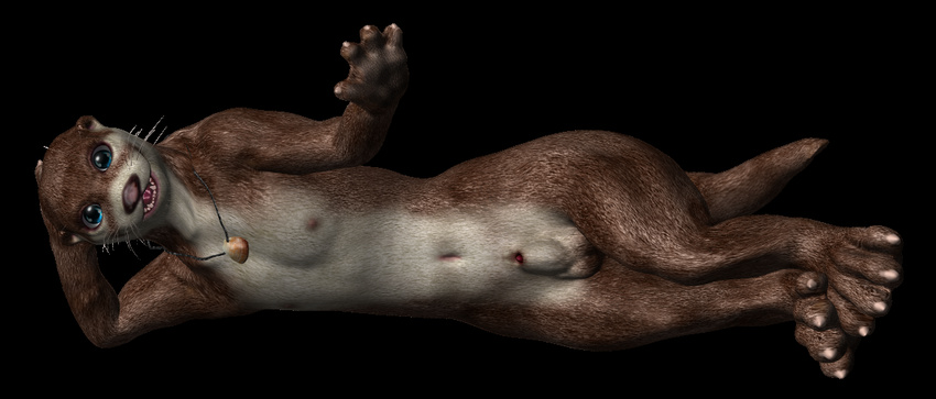 animal_genitalia anthro balls claws fur jay looking_at_viewer male mammal mustelid nipples nude open_mouth otter penis piercing plain_background smile solo tongue