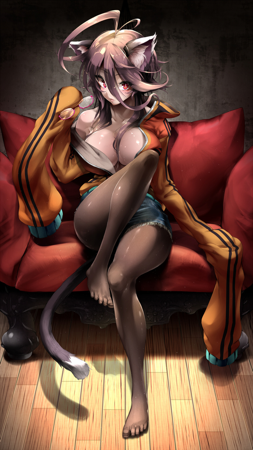 ahoge animal_ears blush breasts brown_hair brown_legwear cat_ears cat_tail couch glasses highres holding holding_eyewear large_breasts legs original pantyhose red-framed_eyewear red_eyes revision short_hair sitting sleeves_past_wrists solo tail wooden_floor yagatake_arashi yana_(nekoarashi)