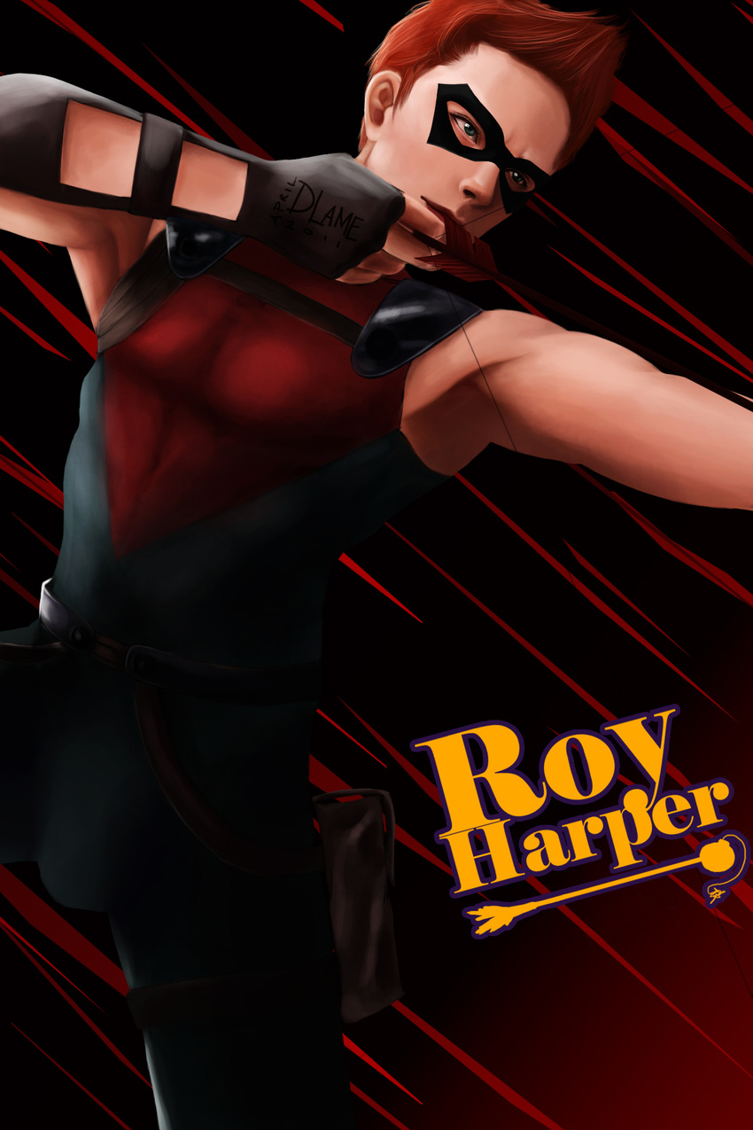 1boy archer arrow bow_(weapon) character_name dc_comics domino_mask fingerless_gloves gloves holster male male_focus marksman mask orange_hair red_arrow roy_harper sleeveless solo weapon