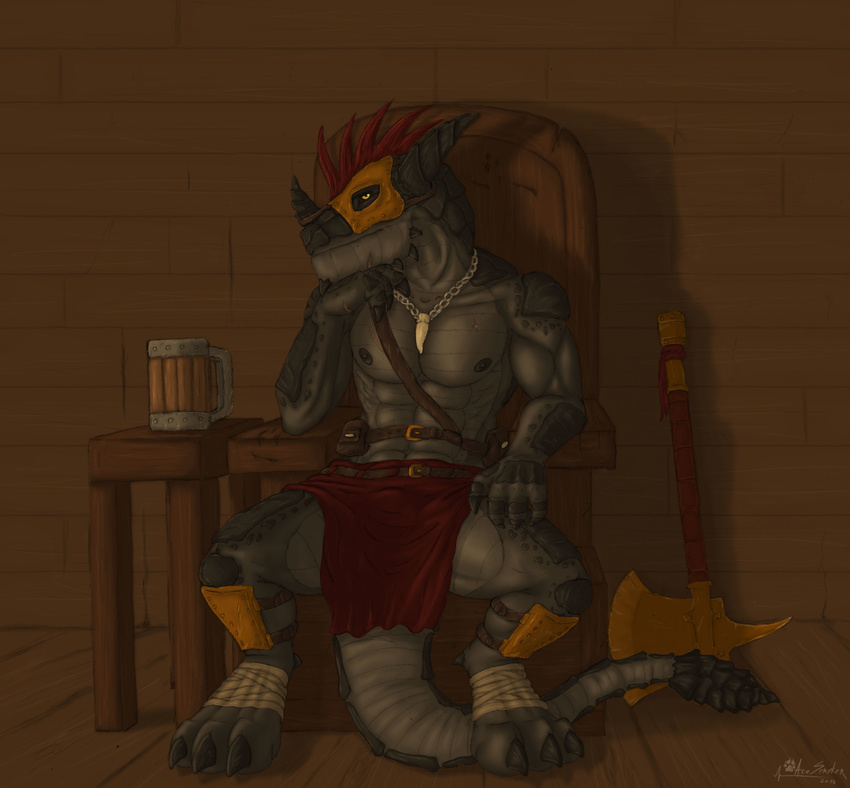 abs ace_stryker alcohol anthro armor axe beer beverage biceps chair claws clothed clothing cup dragon fantasy horn loincloth looking_at_viewer male mammal mask medieval muscles nipples pecs pose scalie scar solo tavern warrior weapon yellow_eyes