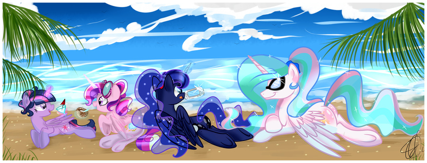 absurd_res avian beach bird blue_eyes blue_hair cloud coconut cutie_mark day equine eyewear female flying friendship_is_magic glass glasses group hair hi_res horn lying mammal multi-colored_hair my_little_pony open_mouth outside palm_tree ponytail princess_cadance_(mlp) princess_celestia_(mlp) princess_luna_(mlp) psp purple_hair sand sea seaside smile sparkle sparkles straw sunglasses tongue tongue_out twilight_sparkle_(mlp) umbrella water winged_unicorn wings xwhitedreamsx