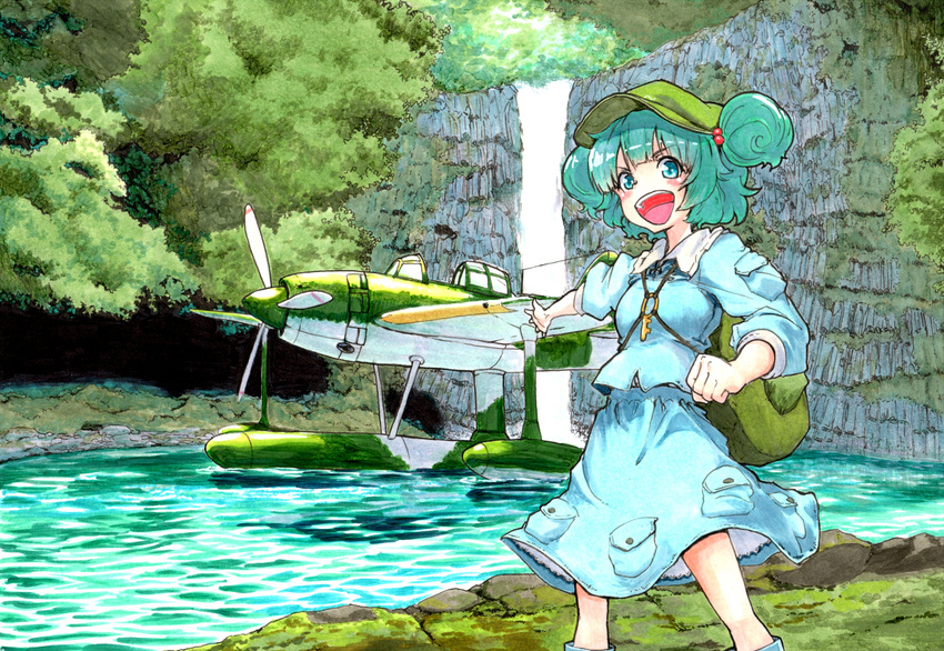 afloat aircraft airplane aqua_eyes aqua_hair backpack bad_id bad_pixiv_id bag blush_stickers forest hat kawashiro_nitori looking_at_viewer marker_(medium) millipen_(medium) n1k nature open_mouth outstretched_arm pontoon river seaplane shiratama_(hockey) skirt skirt_set solo touhou traditional_media tree two_side_up water waterfall