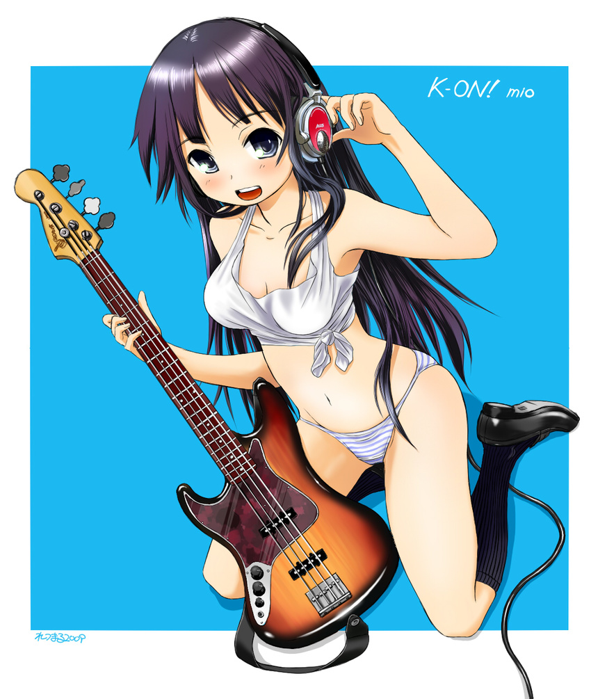 akiyama_mio bass_guitar black_eyes black_hair headphones highres instrument k-on! kneehighs legs long_hair midriff no_pants panties retsumaru socks solo striped striped_panties underwear