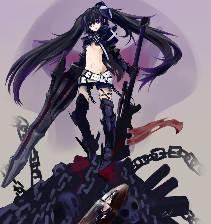 arm_cannon armor bad_id bad_pixiv_id baraen belt black_hair black_rock_shooter boots chain gun insane_black_rock_shooter midriff purple_eyes rifle scar solo stitches sword twintails weapon