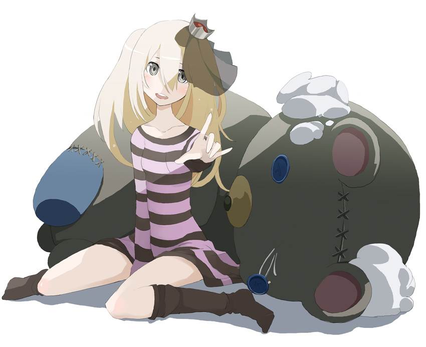 blonde_hair grey_eyes original socks solo striped stuffed_animal stuffed_toy tansuke teddy_bear twintails