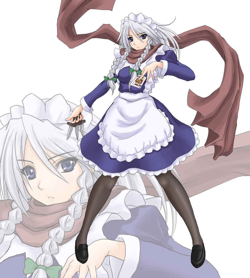 blue_eyes braid card hairband highres holding holding_card izayoi_sakuya knife kuro_suto_sukii pantyhose playing_card scarf short_hair silver_hair solo touhou twin_braids zoom_layer