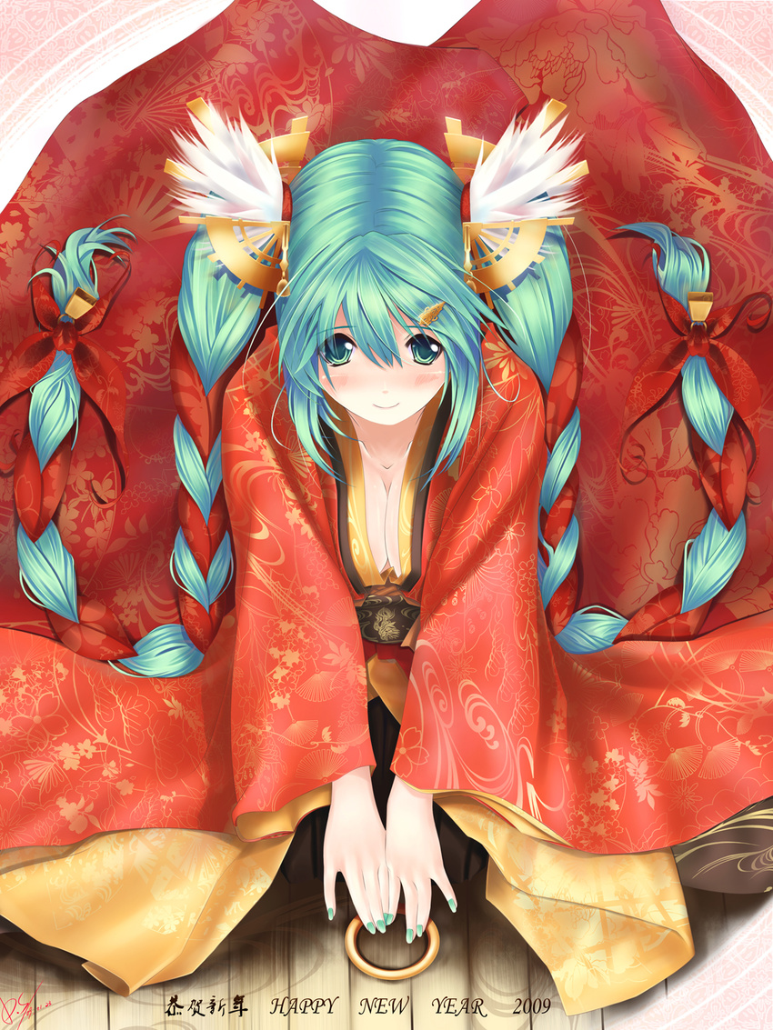 2009 aqua_nails braid breasts cleavage dopollsogno green_eyes green_hair hair_ornament hair_ribbon hairclip hatsune_miku highres japanese_clothes jewelry kimono long_hair medium_breasts nail_polish new_year ribbon ribbon_braid ring sitting twin_braids twintails vocaloid