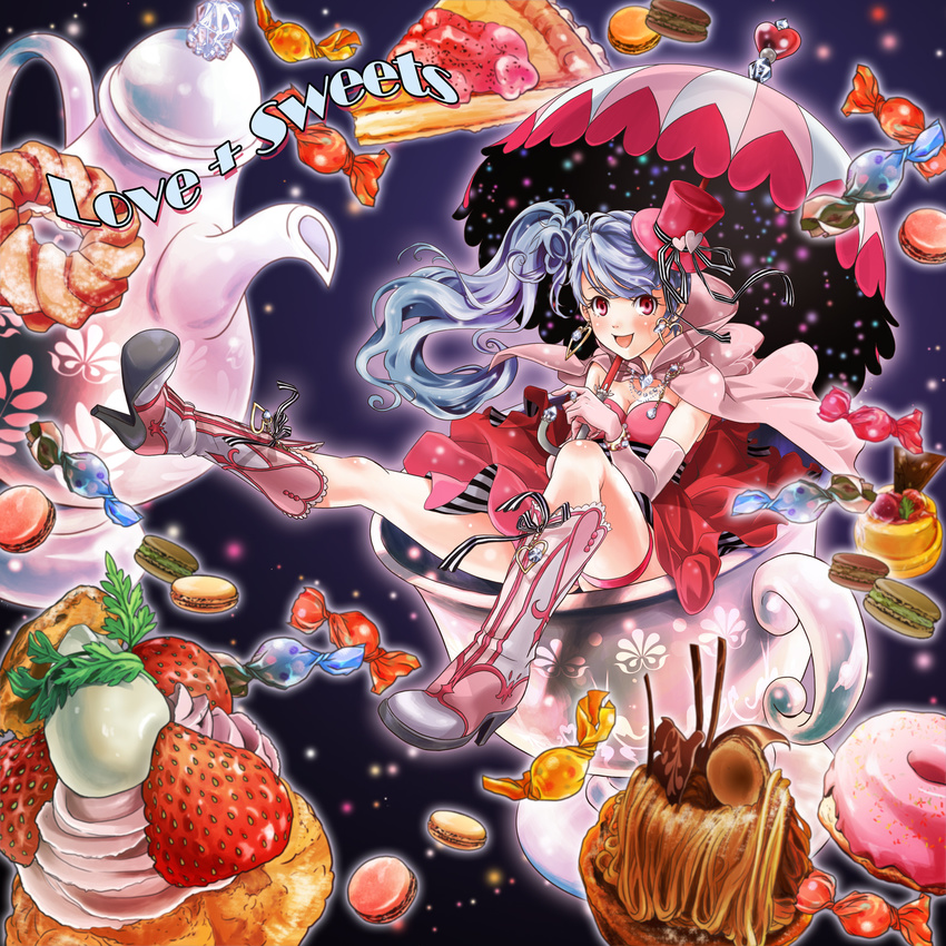 bad_id bad_pixiv_id blue_hair blush boots cake candy cape cup doughnut elbow_gloves feast food fruit gloves happy highres macaron mont_blanc_(food) naka_nohito original pastry pink_eyes side_ponytail strawberry sweets umbrella