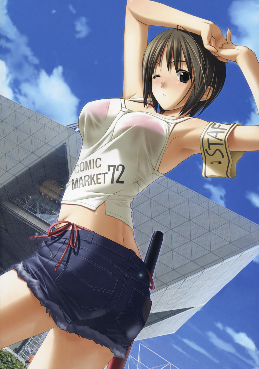 absurdres armband armpits arms_up bare_shoulders black_eyes bra breasts brown_hair cloud comiket copyright_request day denim denim_shorts from_below glasses hashimoto_takashi highres landmark large_breasts lingerie looking_down midriff non-web_source one_eye_closed panties see-through short_hair shorts side-tie_panties sky solo tokyo_big_sight twisted_torso underwear