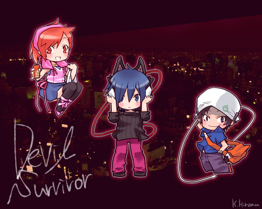 2boys bad_id bad_pixiv_id beanie blue_eyes blue_hair brown_eyes brown_hair chibi city hat head_scarf headphones kanazawa_hiromu kihara_atsurou megami_ibunroku_devil_survivor multiple_boys orange_eyes orange_hair protagonist_(devil_survivor) soda tanigawa_yuzu