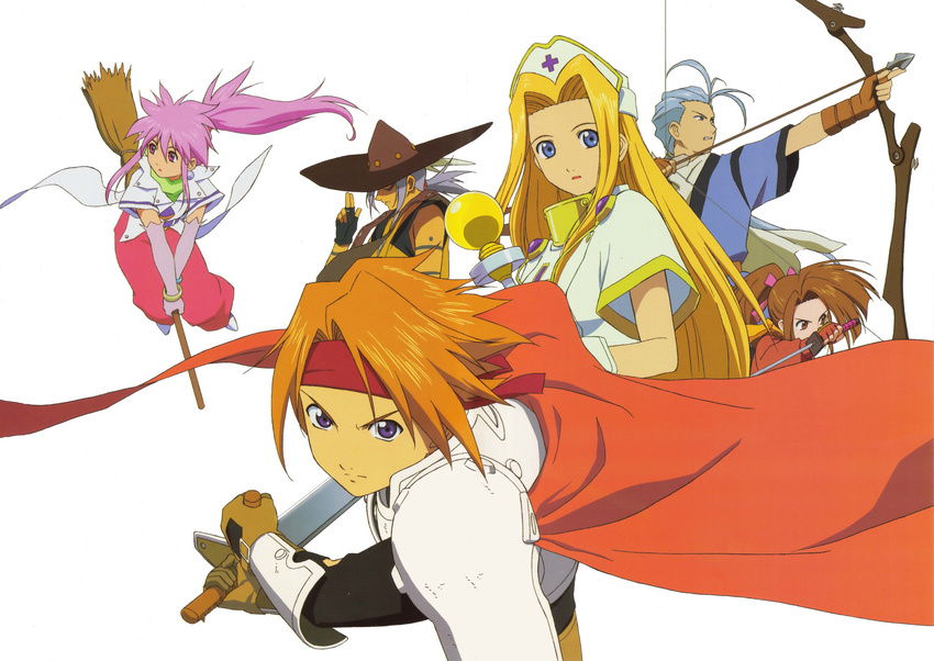 3girls absurdres arche_klein armor arrow artist_request blonde_hair blue_eyes bow_(weapon) broom brown_hair cape chester_barklight cless_alvein fujibayashi_suzu grey_hair hat headband highres klarth_lester long_hair mint_adenade multiple_boys multiple_girls official_art pants pink_eyes pink_hair pink_pants ponytail red_cape staff sword tales_of_(series) tales_of_phantasia weapon