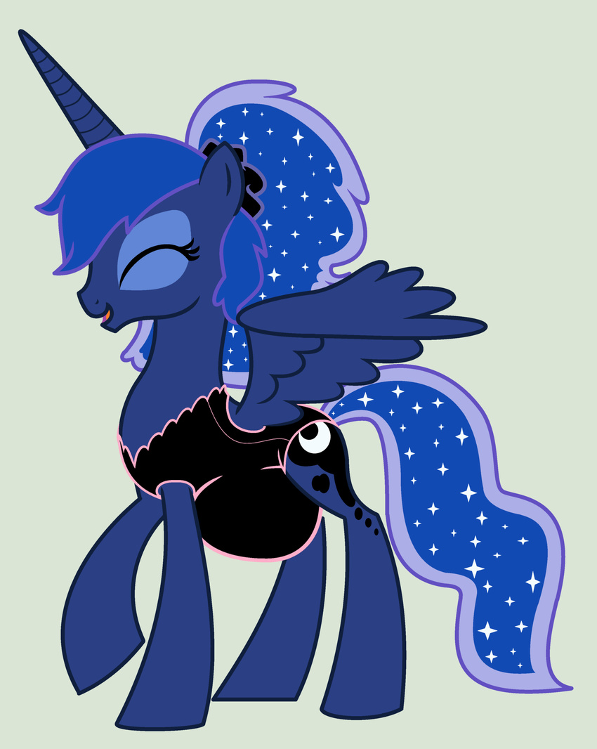 blue_fur blue_hair cutie_mark equine evilfrenzy eyes_closed female feral friendship_is_magic fur hair horn horse mammal my_little_pony open_mouth plain_background pony ponytail pregnant princess_luna_(mlp) solo winged_unicorn wings