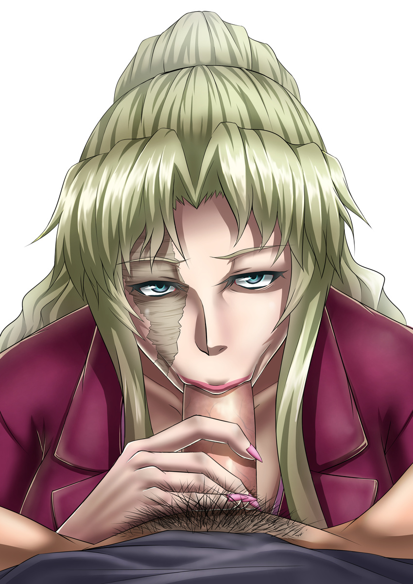 1girl :&gt;= absurdres bad_id bad_pixiv_id balalaika_(black_lagoon) black_lagoon blonde_hair blue_eyes bottomless fellatio fingernails hetero highres lips lipstick long_hair looking_at_viewer makeup male_pubic_hair nail_polish oral penis ponytail pov pubic_hair scar sharp_fingernails sidelocks solo_focus vanzan