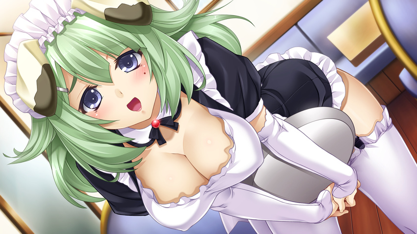 breasts cleavage doggirl game_cg garden_soft green_hair love_replica maid takada_kazuhiro thighhighs