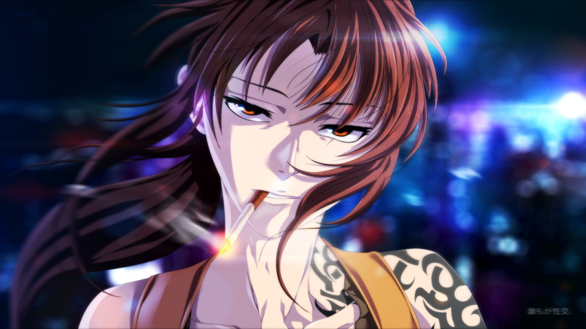 1girl armpit_holster black_lagoon brown_hair cigarette face holster long_hair looking_at_viewer red_eyes revy revy_(black_lagoon) solo tattoo