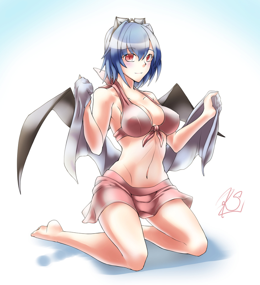 absurdres alternate_breast_size alternate_costume bare_shoulders bat_wings bikini bikini_skirt bikini_top breasts covered_nipples front-tie_top highres kneeling large_breasts lavender_hair looking_at_viewer navel older pink_bikini red_eyes remilia_scarlet ryuuno_stadtfeld short_hair smile solo sunglasses swimsuit touhou towel wings