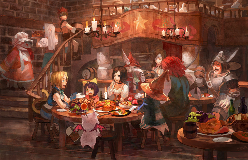 5boys 5girls adelbert_steiner armor ascot barrel basket beatrix blank blonde_hair blue_eyes bob_cut bottle bow bread breastplate brown_eyes brown_hair candle carrying chandelier chef_hat cleavage_cutout commentary_request cup earrings eiko_carol eyepatch feathers final_fantasy final_fantasy_ix flying food fork freija_crescent fruit garnet_til_alexandros_xvii glass gloves grapes hair_bow hand_on_own_face happy hat helmet horn indoors jewelry keg laughing long_hair looking_at_another meat mog moogle mug multiple_boys multiple_girls neck_ribbon plate purple_hair quina_quen red_hair restaurant ribbon ruby_(ff9) salamander_coral sasumata_jirou short_hair sitting smile stairs star stool striped striped_legwear table tail tavern tongue tongue_out turkey_(food) vivi_ornitier walking white_hair wine_bottle witch_hat zidane_tribal