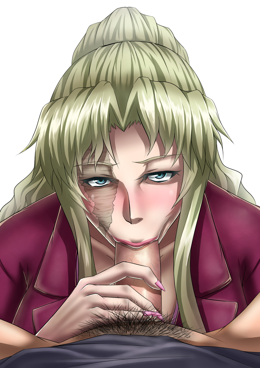 1girl :&gt;= absurdres bad_id bad_pixiv_id balalaika_(black_lagoon) black_lagoon blonde_hair blue_eyes blush bottomless fellatio fingernails hetero highres lips lipstick long_hair looking_at_viewer makeup male_pubic_hair nail_polish oral penis ponytail pov pubic_hair scar sharp_fingernails sidelocks solo_focus vanzan