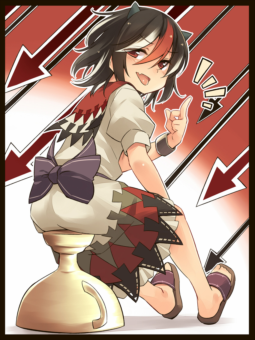 black_hair bracelet dress fang frame highres horns impossible_spell_card jewelry kijin_seija looking_at_viewer looking_back middle_finger multicolored_hair open_mouth puffy_short_sleeves puffy_sleeves red_eyes red_hair short_sleeves silver_hair sitting slippers solo streaked_hair tongue tongue_out touhou trophy white_dress yudepii