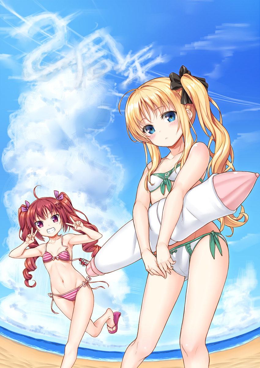 ahoge anniversary armpits beach bikini blonde_hair blue_eyes blush borrowed_character breasts cloud crab day double_v drill_hair groin hair_ribbon hazuki_watora highres komase_(jkp423) long_hair looking_at_viewer multiple_girls navel original outdoors red_eyes red_hair ribbon sandals shimotsuki_potofu side-tie_bikini side_ponytail sky small_breasts smile striped striped_bikini striped_swimsuit swimsuit twintails v