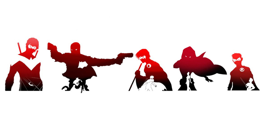 1girl 4boys batman_(series) brothers bruce_wayne damian_wayne dc_comics dick_grayson domino_mask dual_wielding emblem escrima_stick family father father_and_son gun helmet jason_todd legacy mask multiple_boys nightwing red_hood red_hood_(dc) red_robin robin_(dc) siblings silhouette spoiler_(dc) staff stephanie_brown sword tim_drake trapeze weapon