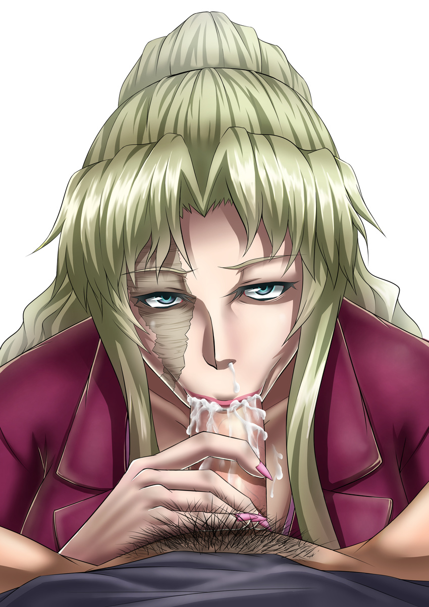 1girl :&gt;= absurdres bad_id bad_pixiv_id balalaika_(black_lagoon) black_lagoon blonde_hair blue_eyes bottomless cum cum_in_mouth cum_in_nose fellatio fingernails hetero highres lips lipstick long_hair looking_at_viewer makeup male_pubic_hair nail_polish oral overflow penis ponytail pov pubic_hair scar sharp_fingernails sidelocks solo_focus vanzan