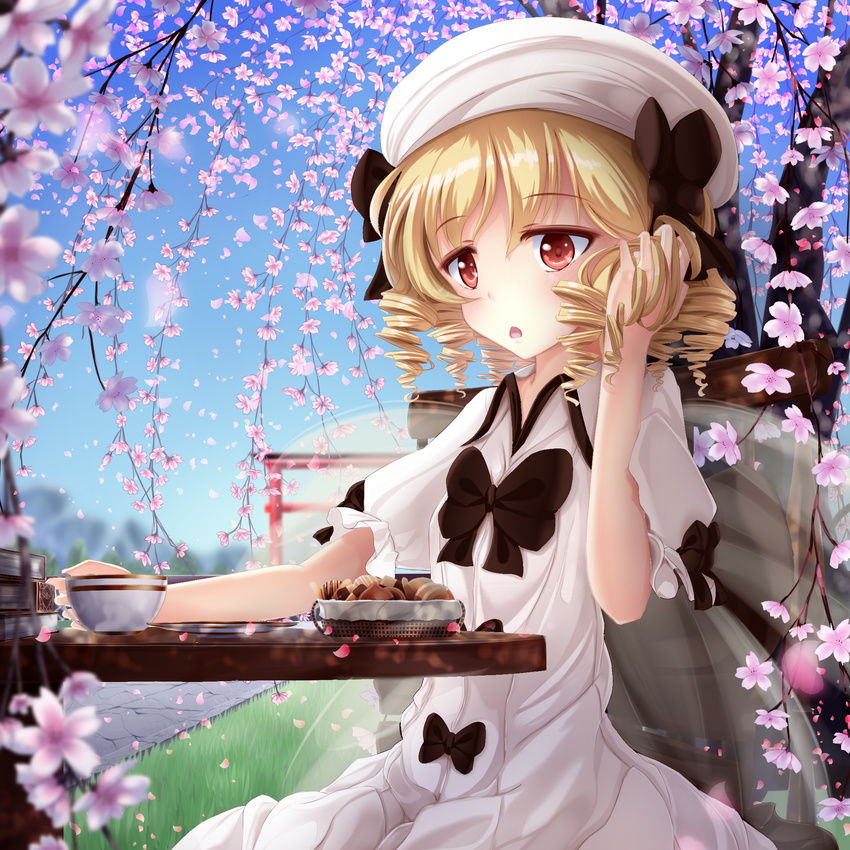 blonde_hair blue_sky bow bowl chair checkerboard_cookie cherry_blossoms cookie cup day dress drill_hair fairy_wings food hand_in_hair hat hat_bow highres luna_child namatyaba open_mouth puffy_short_sleeves puffy_sleeves red_eyes short_sleeves sitting sky solo table teacup torii touhou tree white_dress wings