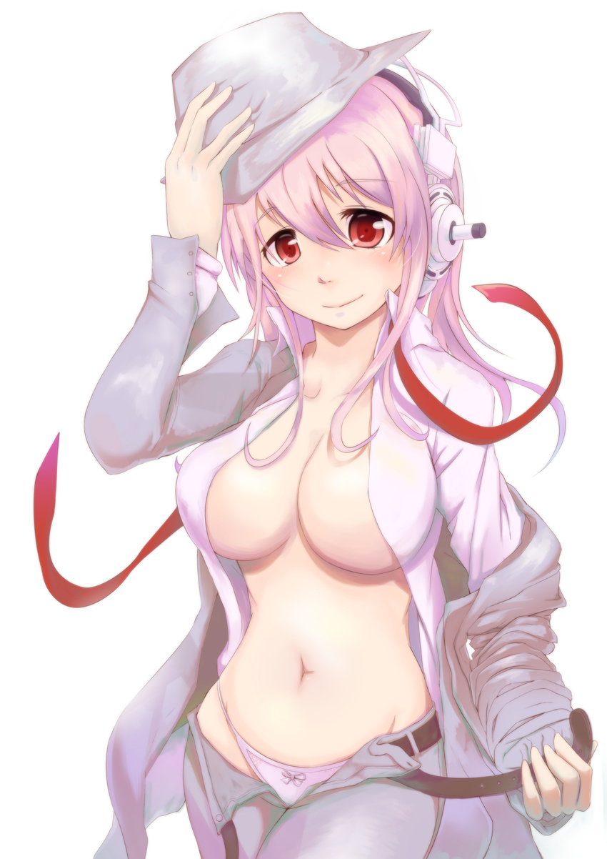 bad_id bad_pixiv_id blush bow bow_panties breasts cleavage hat headphones highres large_breasts long_hair looking_at_viewer narshya navel necktie nitroplus no_bra open_clothes panties pink_hair pink_panties red_eyes simple_background smile solo super_sonico underwear untied white_background