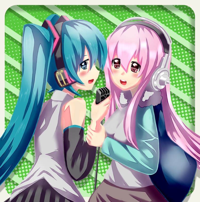 absurdres aqua_eyes blush breasts crossover green_eyes green_hair hatsune_miku headphones highres large_breasts long_hair looking_at_viewer looking_back microphone multiple_girls nitroplus open_mouth pink_hair red_eyes smile super_sonico twintails very_long_hair vocaloid