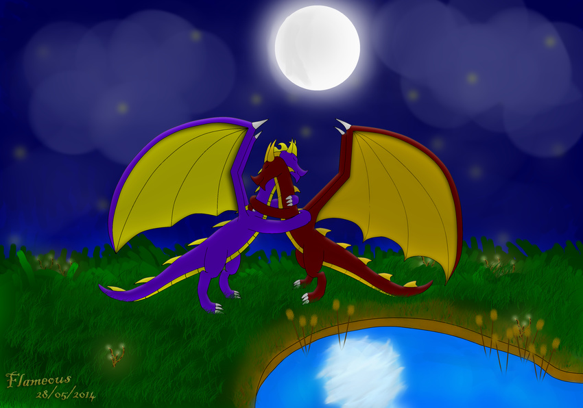 ambiguous_gender anthro calm calming claws cloud cute dragon eyes_closed feral firefly flame_the_dragon flameous flameous-thedragon flower gay grass happy hug lake love male moon moonlight night peaceful plants purple_dragon red_dragon scalie sky spyro spyro_the_dragon spyrodragon stars video_games yellow_horns