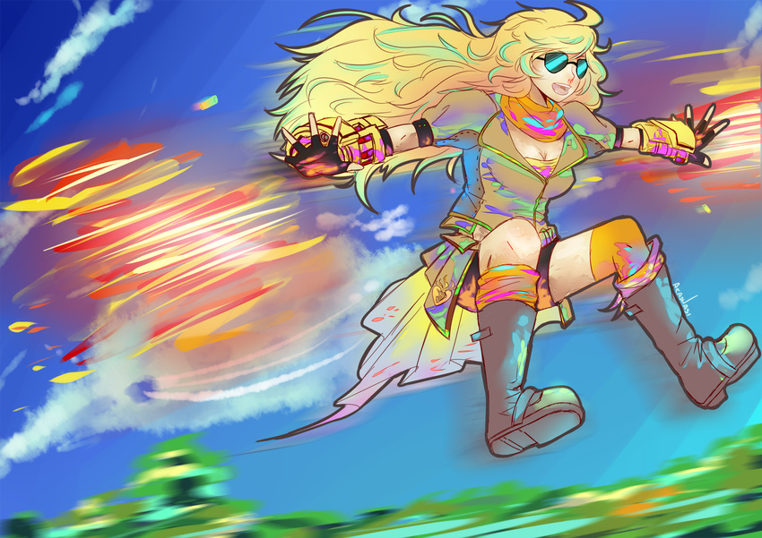 1girl akashasi bike_shorts blonde_hair boots fire flying gauntlets highres long_hair rwby scarf solo sunglasses yang_xiao_long