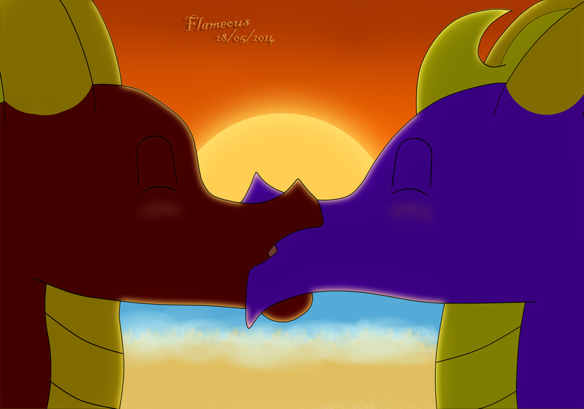 beach blush cute dragon eyes_closed flame_the_dragon flameous flameous-thedragon gay kissing love male mates purple_dragon red_dragon romantic sand scalie seaside spyro spyro_the_dragon spyrodragon sunset video_games water yellow_horns