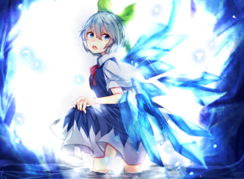 blue_eyes blue_hair bow cirno dress hair_bow ice ice_wings nabezuru open_mouth ribbon short_hair skirt_hold solo touhou water wings