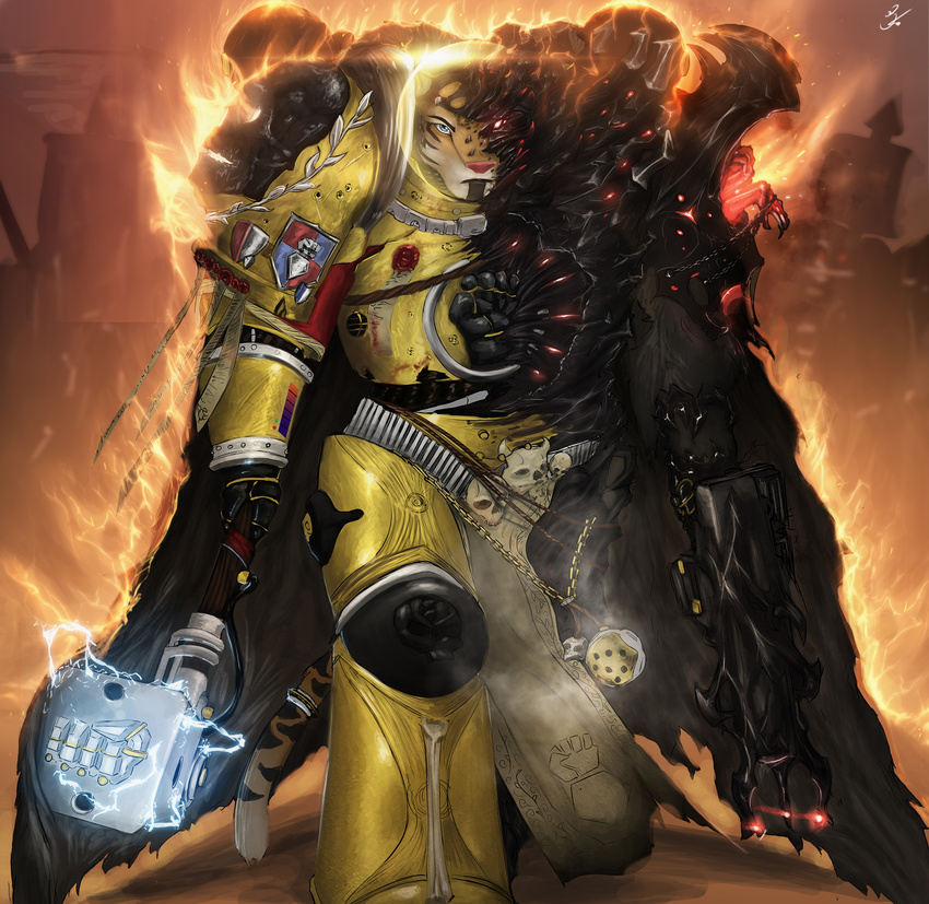 absurd_res anthro armor cape corruption feline fire gauntlet hammer hi_res male mammal pauldrons power_armor solo strype_(character) tiger warhammer_(franchise) warhammer_40k zomacaius