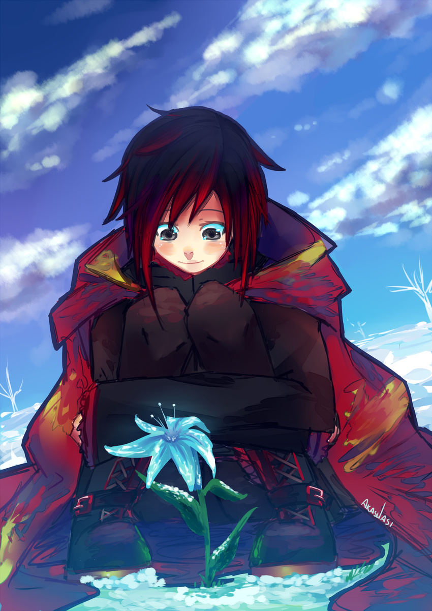 1girl akashasi black_hair boots cape flower frills hood hooded_cape medium_hair ruby_rose rwby short_hair silver_eyes sitting smile snow solo