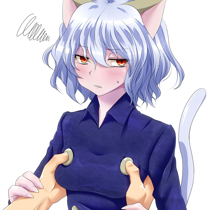 animal_ears blush breast_grab cat_ears cat_tail commentary_request curly_hair double-breasted fine_fabric_emphasis grabbing guided_breast_grab highres hunter_x_hunter looking_at_viewer neferpitou orange_eyes silver_hair squiggle sweatdrop tail unmoving_pattern watarui