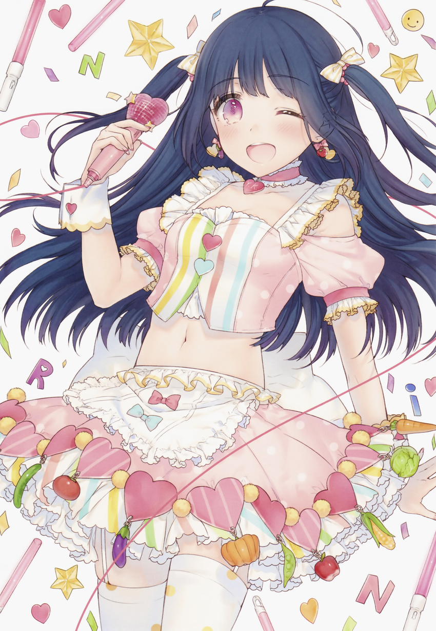 ;d absurdres apple bangs bare_shoulders blouse blue_hair blush bow breasts carrot choker confetti corn cowboy_shot crop_top cucumber earrings eggplant eggplant_earrings food food_themed_clothes food_themed_earrings food_themed_ornament frills fruit garter_straps glowstick hair_bobbles hair_bow hair_ornament happy heart heart_print highres holding idol jewelry kinoshita_ringo_(no-rin) kippu lettuce long_hair microphone midriff nail_polish navel no-rin official_art one_eye_closed open_mouth parted_bangs peas pink_skirt pleated_skirt pom_pom_(clothes) puffy_short_sleeves puffy_sleeves pumpkin purple_eyes ribbon scan short_sleeves skirt small_breasts smile smiley_face solo standing star striped thighhighs tomato tomato_earrings two_side_up vertical_stripes white_legwear wrist_cuffs zettai_ryouiki