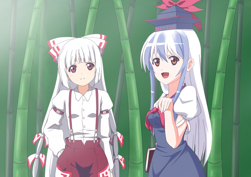 bamboo bamboo_forest blue_hair bow breasts forest fujiwara_no_mokou hair_bow hat highres kamishirasawa_keine long_hair medium_breasts multicolored_hair multiple_girls nature open_mouth pants red_eyes sachishiro_pengin small_breasts suspenders touhou very_long_hair white_hair