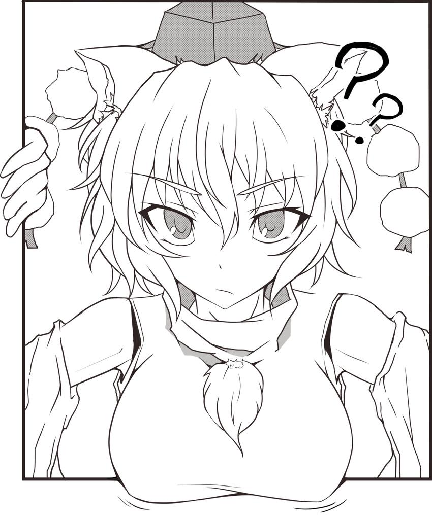 ? absurdres animal_ears bad_id bad_pixiv_id bare_shoulders breasts detached_sleeves fourth_wall hat highres inubashiri_momiji large_breasts looking_at_viewer monochrome nekomata_kyou pom_pom_(clothes) short_hair solo tokin_hat touhou wolf_ears